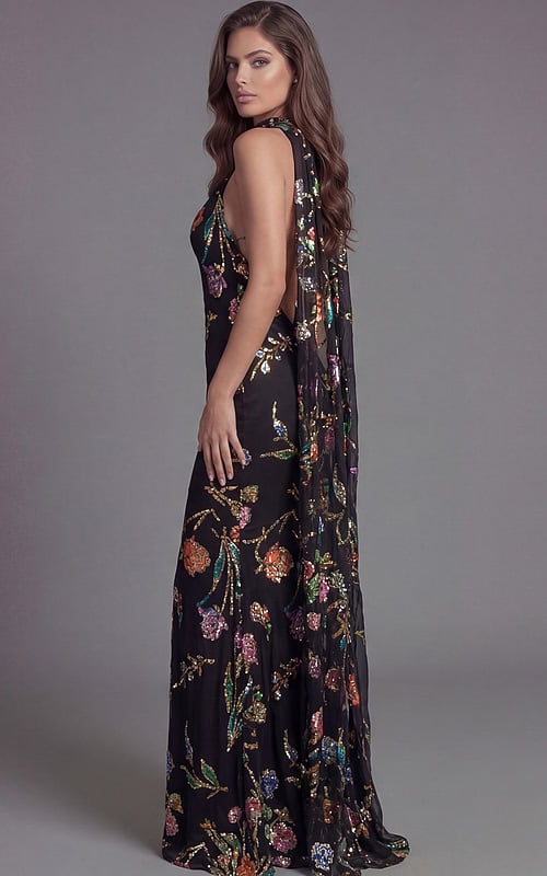 Glamorous embroidered halter gown with open back and draped scarf detail