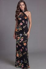 Fitted halter dress with intricate floral embroidery