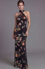 Floral embroidered halter gown with fitted silhouette