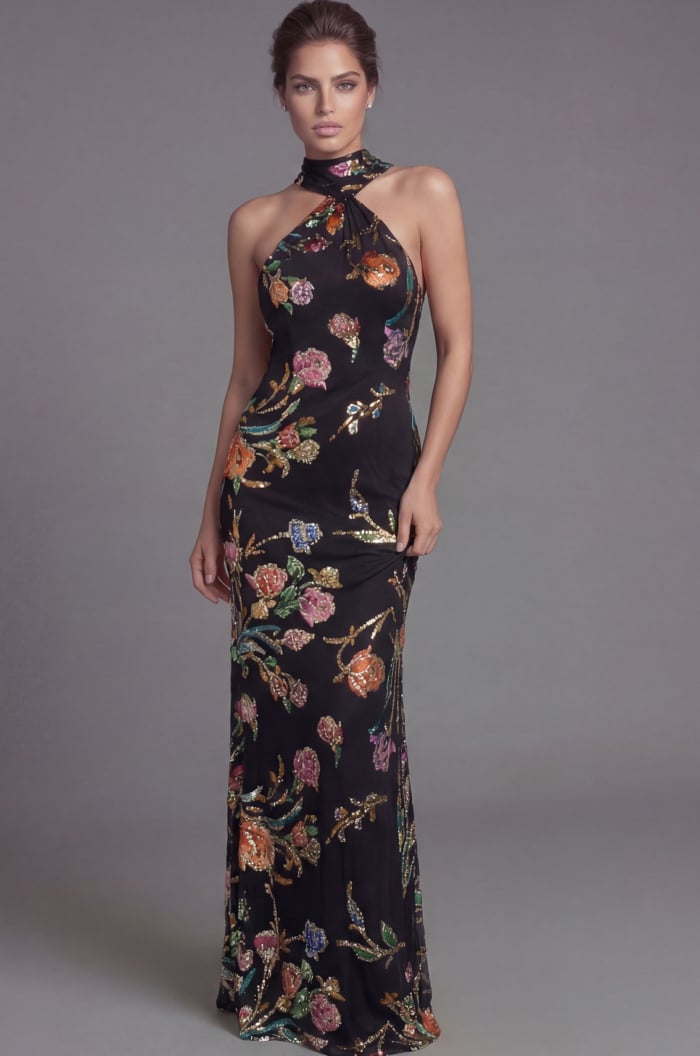 Floral embroidered halter gown with fitted silhouette