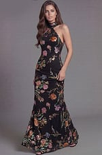 Elegant halter neck gown with embroidered floral design