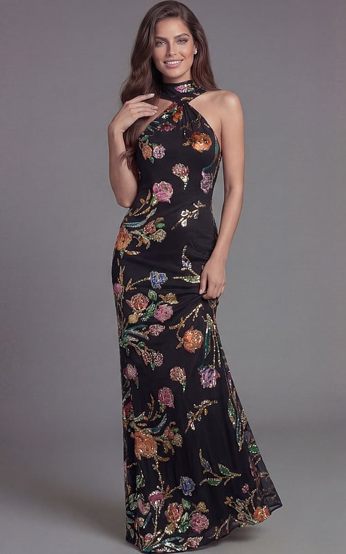 Formal halter gown with embroidered floral pattern and flowing skirt