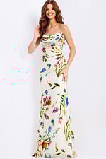 Sleek floral evening gown with soft drape neckline