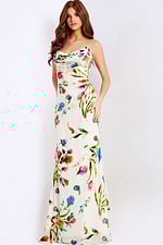 Strapless floral print prom dress with cowl neckline