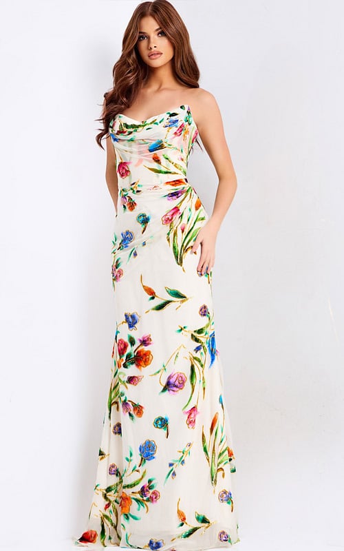 Strapless floral print prom dress with cowl neckline