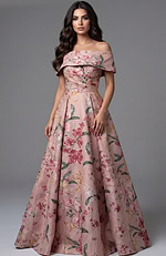 Off shoulder floral ball gown with fitted bodice and full skirt