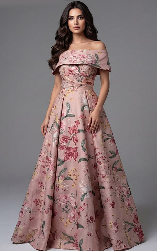 Off shoulder floral ball gown with fitted bodice and full skirt