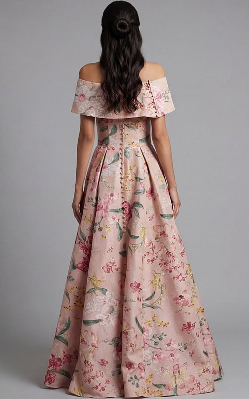 Back view of off shoulder floral gown with button detail and pleated skirt