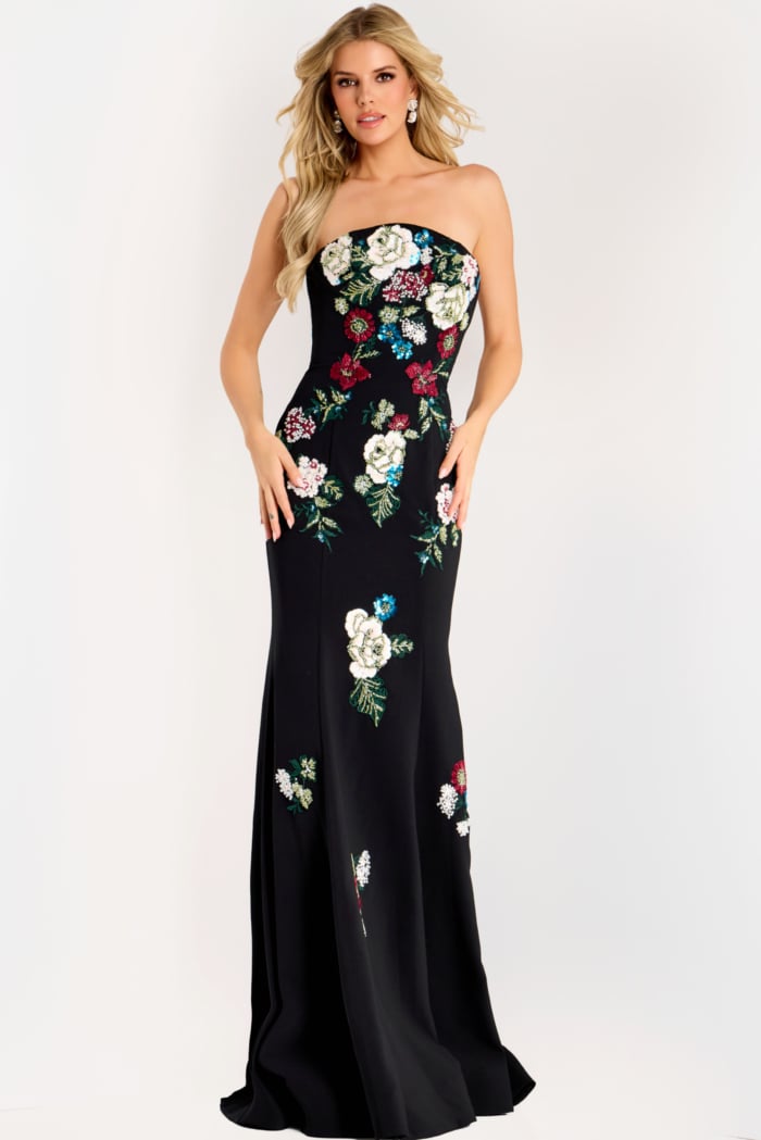 strapless floral black multi dress 47636