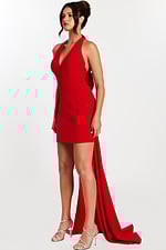 Red halter mini dress with dramatic back train and deep V neckline