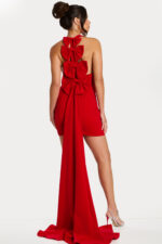 Red bow back mini dress with cascading train and open back detail