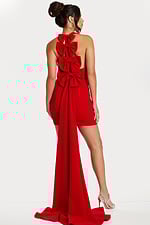 Red bow back mini dress with cascading train and open back detail