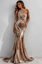 Luxury beaded evening dress with abstract champagne and bronze sequin design, thigh-high slit, and fitted silhouette.