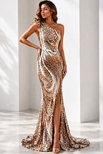 Glamorous fitted mermaid gown with champagne and bronze beadwork, one-shoulder neckline, and floor-length train.
