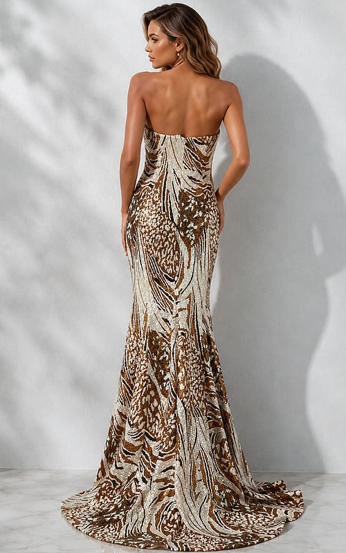 One Shoulder Bronze Beaded Gown 47647