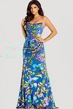 Elegant blue gown featuring multicolor shimmering floral embroidery