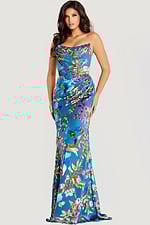 Strapless floral sequin gown with draped neckline and fitted silhouette