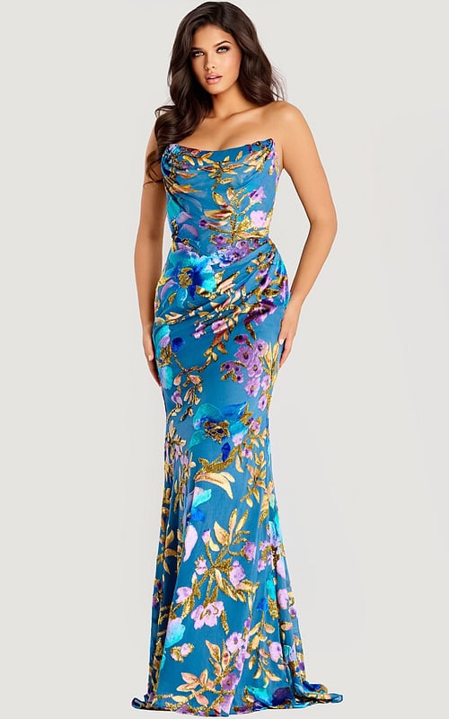 Strapless floral sequin gown with draped neckline and fitted silhouette