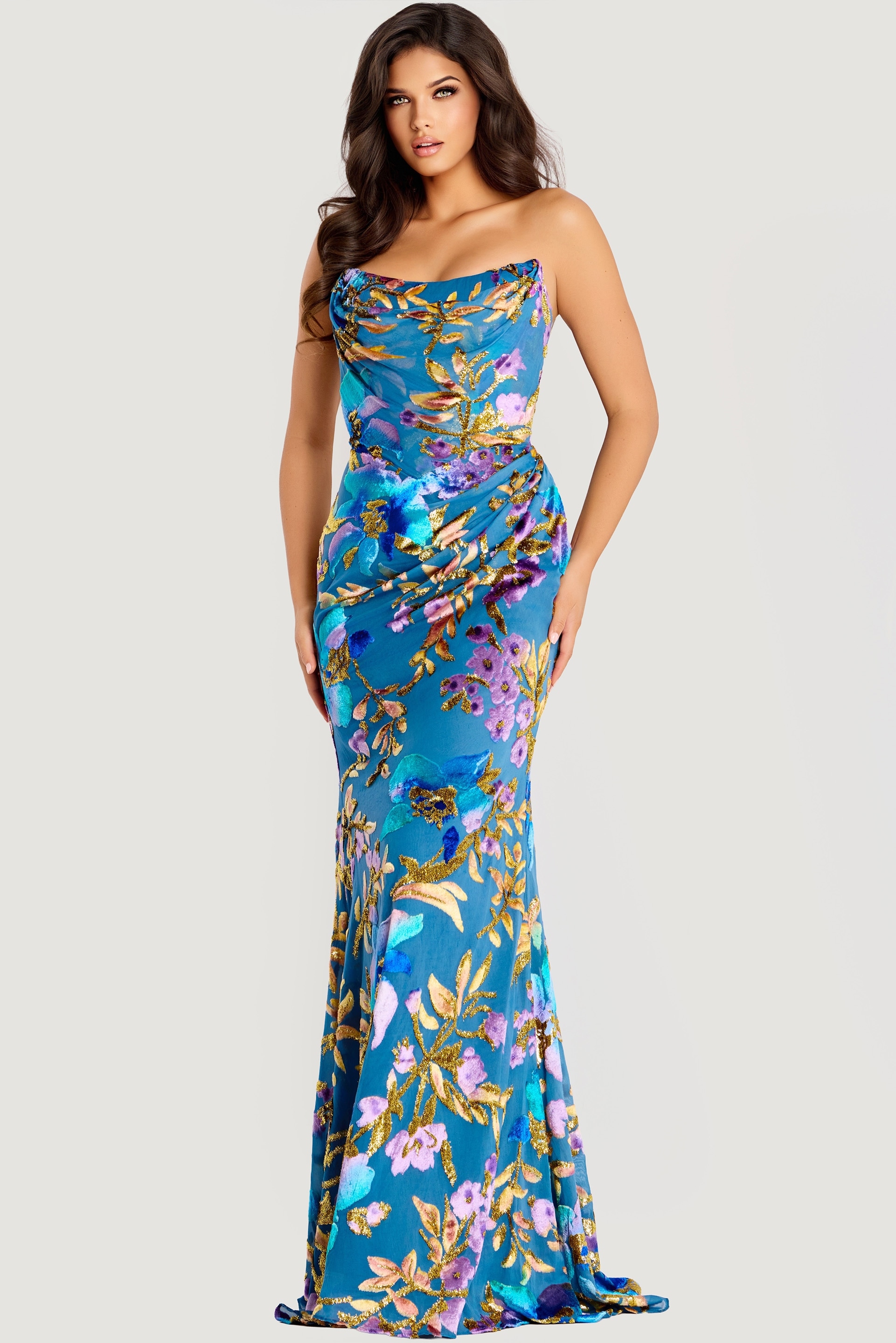 47654-2 Strapless floral sequin gown with draped neckline and fitted silhouette