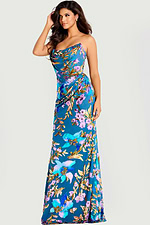 Elegant long gown featuring multicolor sequin floral pattern