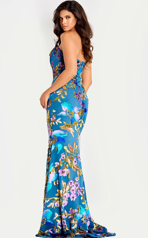 Blue floral evening dress with shimmering embroidery and fitted shape
