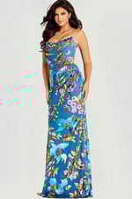 Strapless floral sequin gown with draped neckline