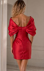 Jovani 47656 Red Satin Mini Dress Back View with V Back