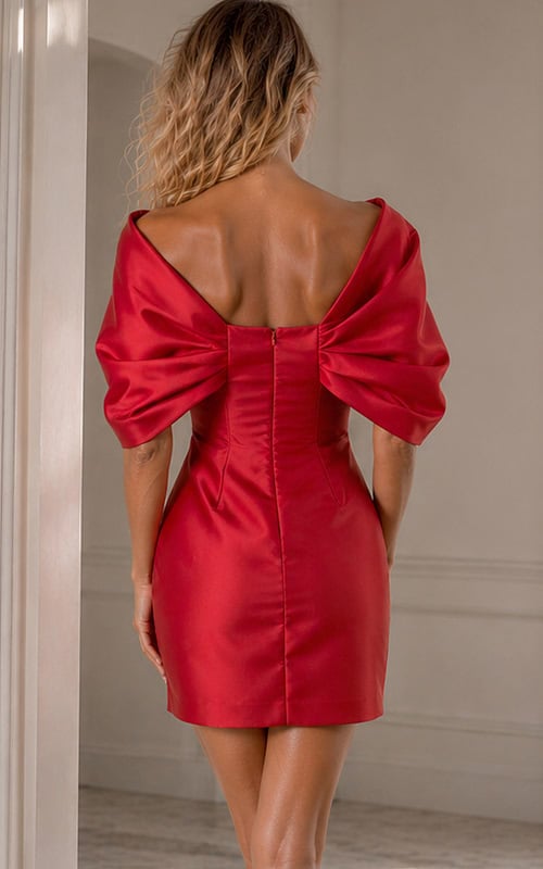 Jovani 47656 Red Satin Mini Dress Back View with V Back