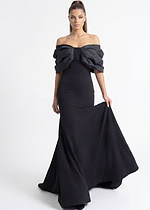 Elegant black off-the-shoulder mermaid gown with structured puff sleeves and fitted silhouette,