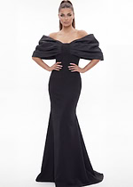 Sophisticated black off-the-shoulder mermaid gown with voluminous sleeves and sleek fitted silhouette, angled.