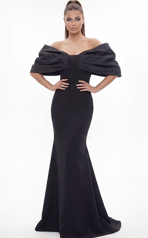 Sophisticated black off-the-shoulder mermaid gown with voluminous sleeves and sleek fitted silhouette, angled.