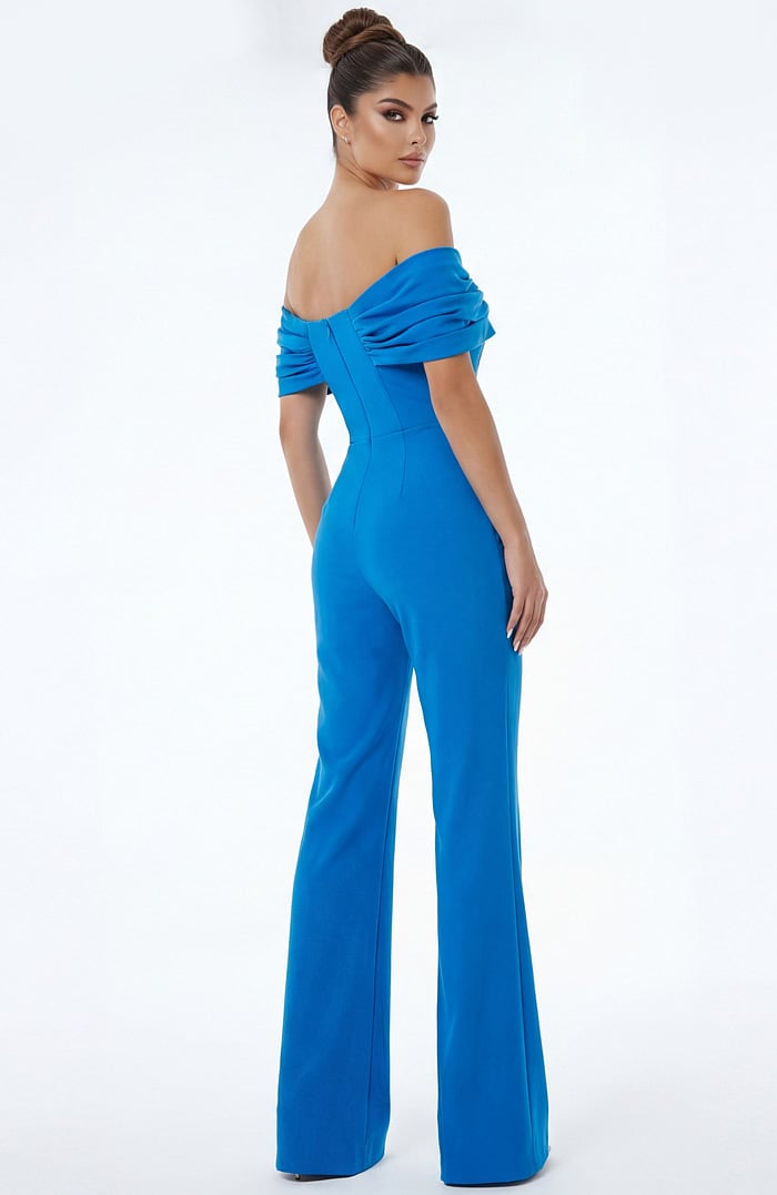 Back view of off shoulder wide leg jumpsuit with draped neckline and fitted waist
