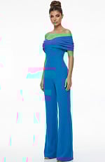 Front view of off shoulder tailored jumpsuit with pleated bodice and flowing wide leg silhouette