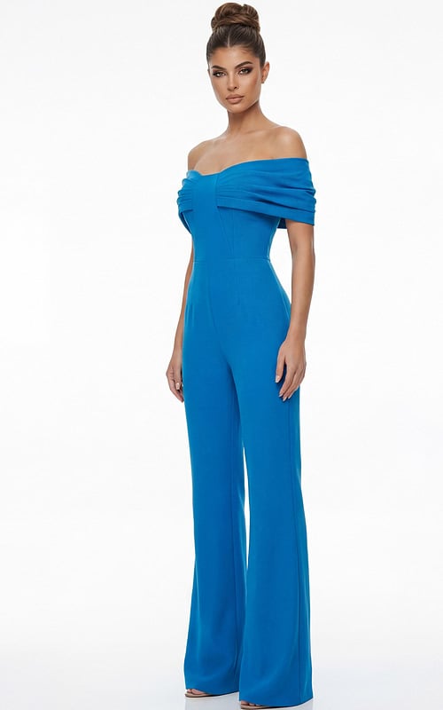 Front view of off shoulder tailored jumpsuit with pleated bodice and flowing wide leg silhouette