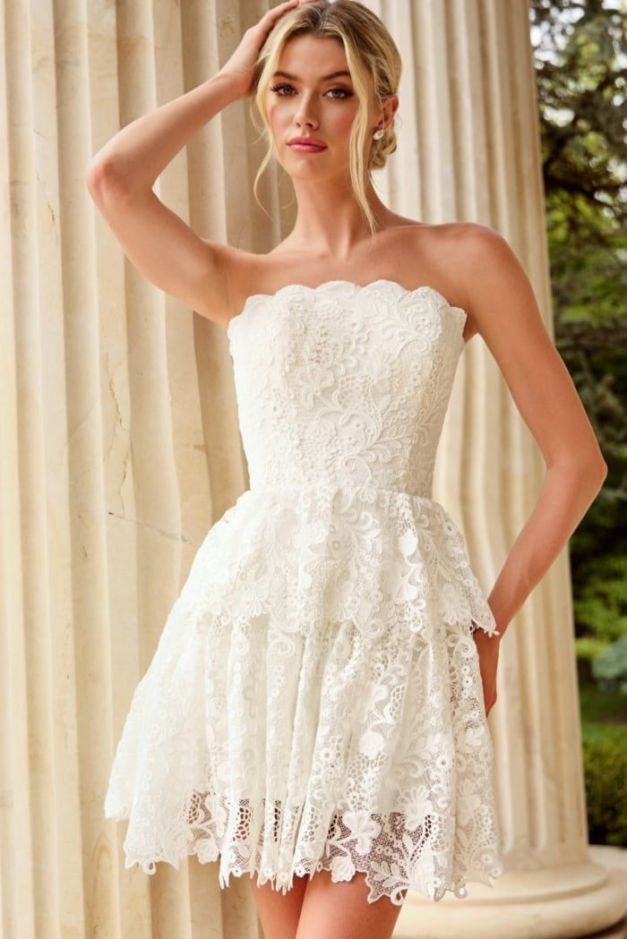 tiered skirt fit and flare white short dress 7663