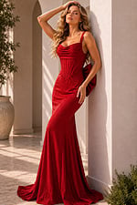 Fitted red formal dress with bow detail