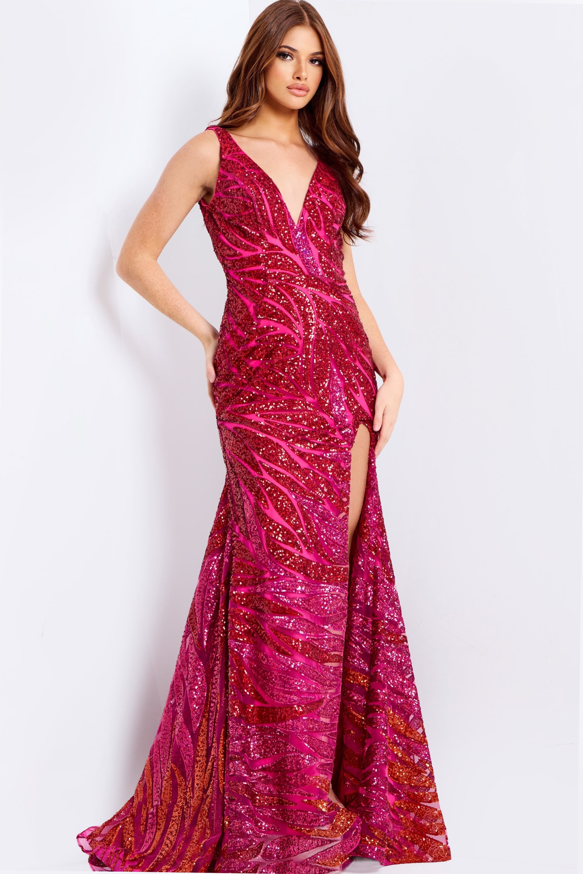 47682-1 Hot pink sequin prom dress with V-neck and slit
