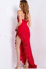 Elegant red gown with 3D floral appliqué and high slit