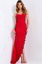 Red strapless prom dress with rose slit detailing