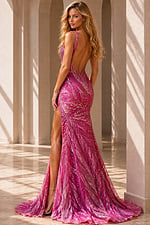 Open Back Sequin Gown with High Slit 47682