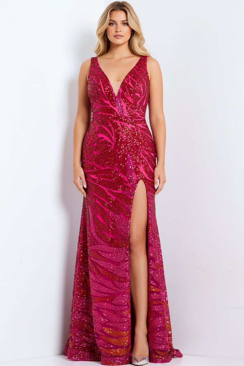 47682-front v neckline high slit dress 47682