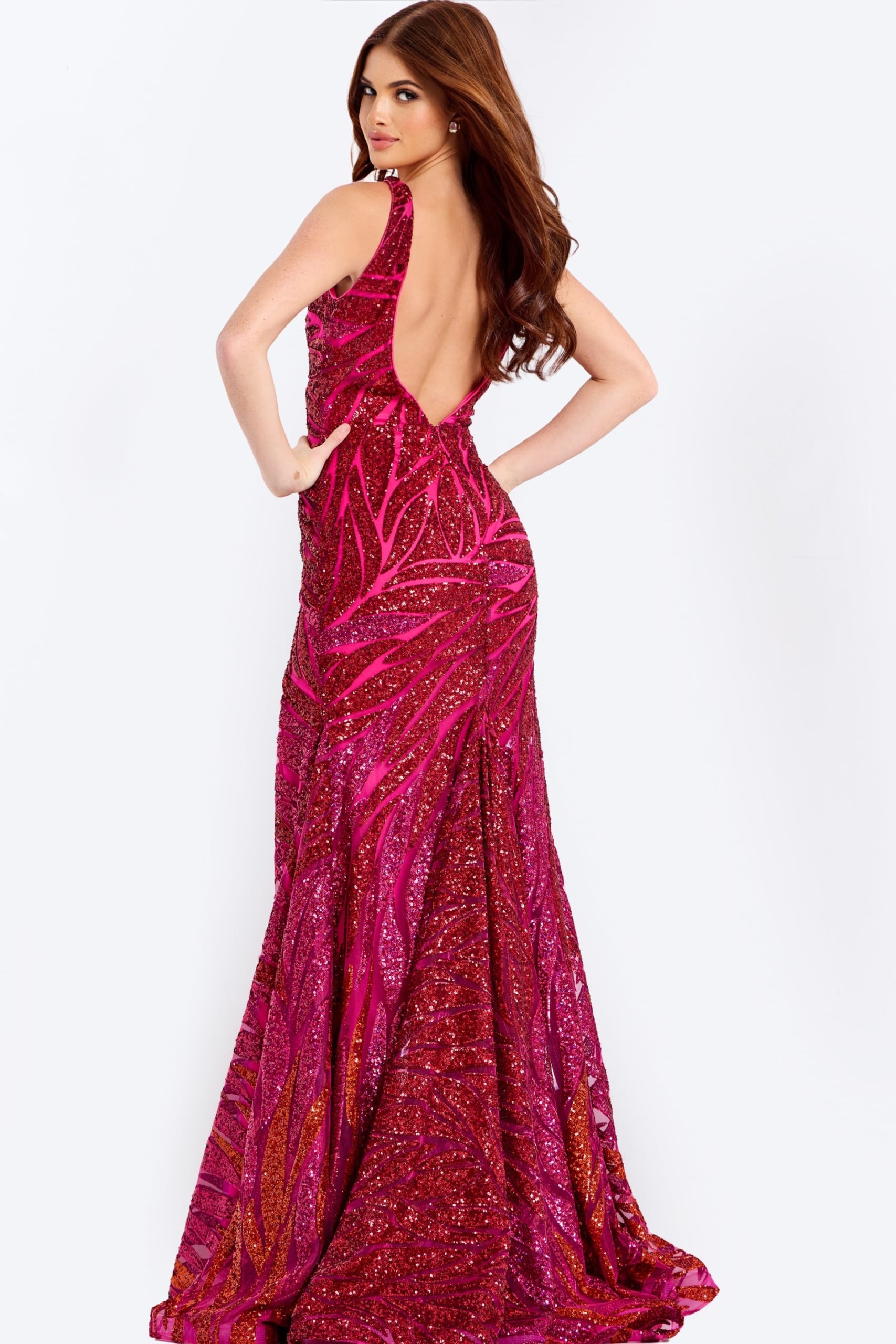 Fitted pink glitter gown with deep neckline