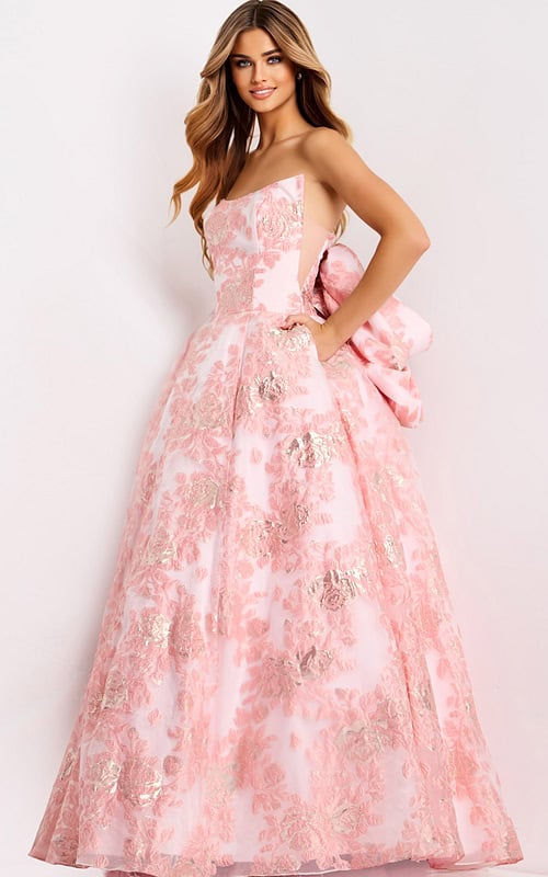 Strapless floral ball gown with bow back