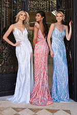 sequin fitted gown with deep v neck - three girls front, smiling, arm on shoulder pose