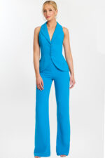 Front view of sleeveless blue tailored jumpsuit with wide-leg pants