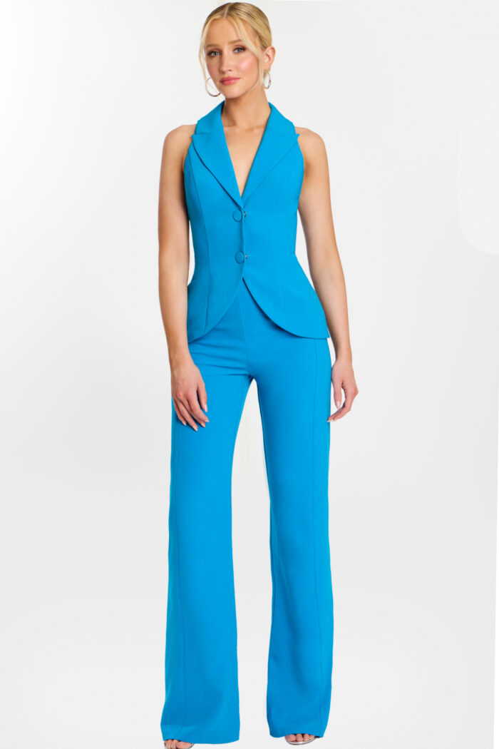 Front view of sleeveless blue tailored jumpsuit with wide-leg pants