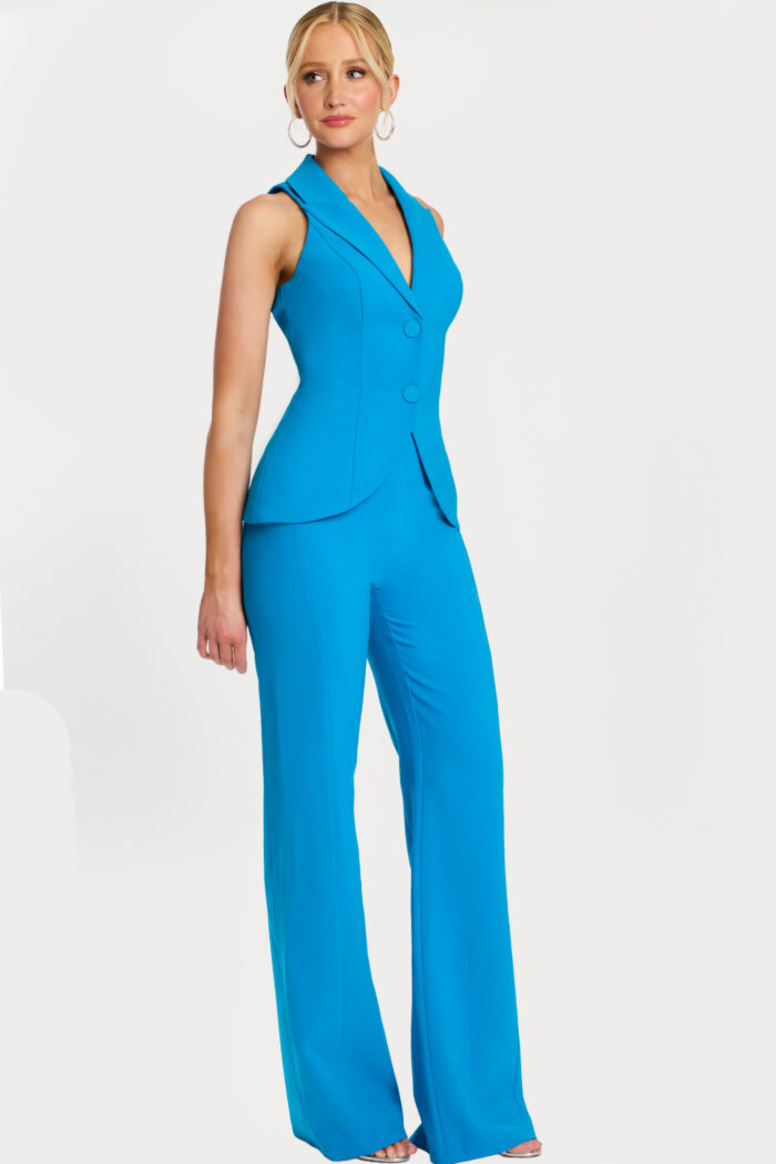 Three-quarter front view of structured sleeveless blue jumpsuit