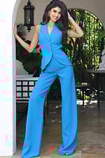 Jovani 47741 peacock blue sleeveless tailored two piece pant suit with notched lapel vest top and wide leg trousers