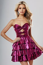 Jovani style 47744 fuchsia metallic strapless short homecoming dress with sweetheart neckline, keyhole cutouts and tiered ruffle skirt, front view