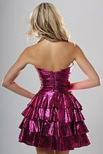 back view of fuchsia metallic strapless short homecoming dress with sweetheart neckline, keyhole cutouts and tiered ruffle skirt, Jovani style 47744
